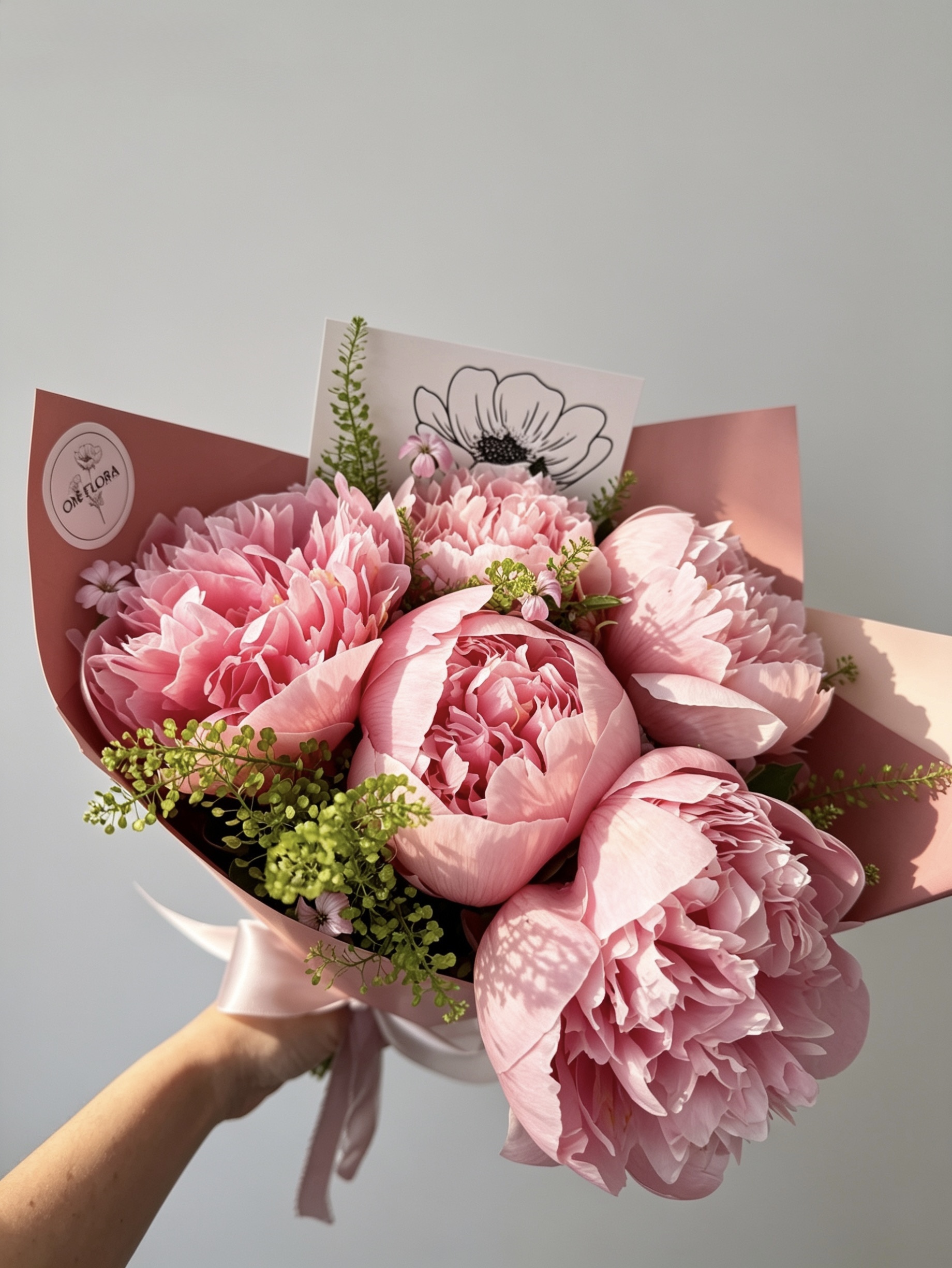 Hand-wrapped pink peony bouquet with the Oh Flora card, by a Calgary florist