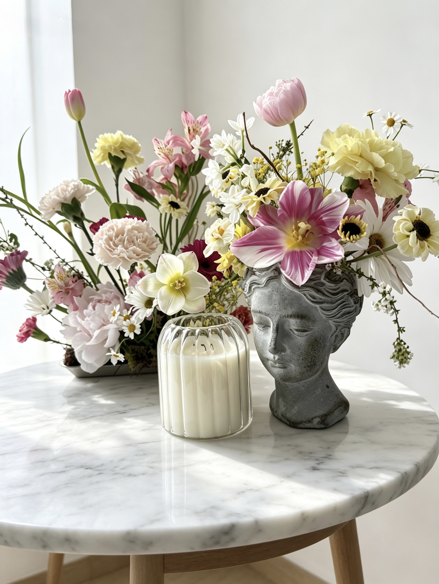 Custom statement arrangement in a goddess bust vase with tulips and lilies on a marble table, Oh Flora Calgary