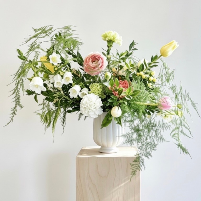 Garden-style urn arrangement with roses and trailing greenery by Oh Flora Calgary