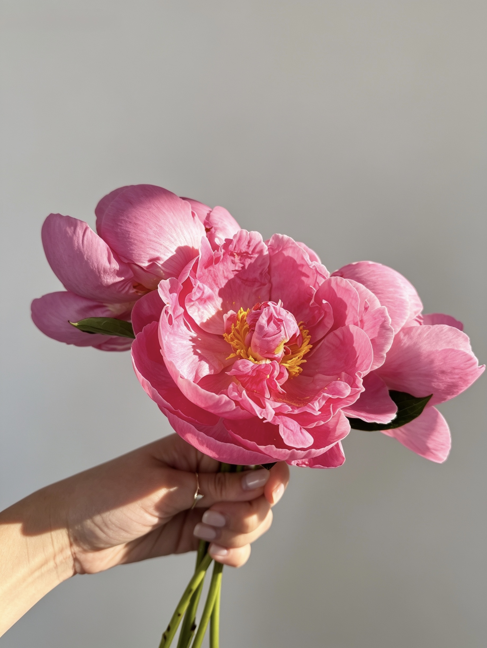 Coral pink peony bloom held in hand by Oh Flora Calgary