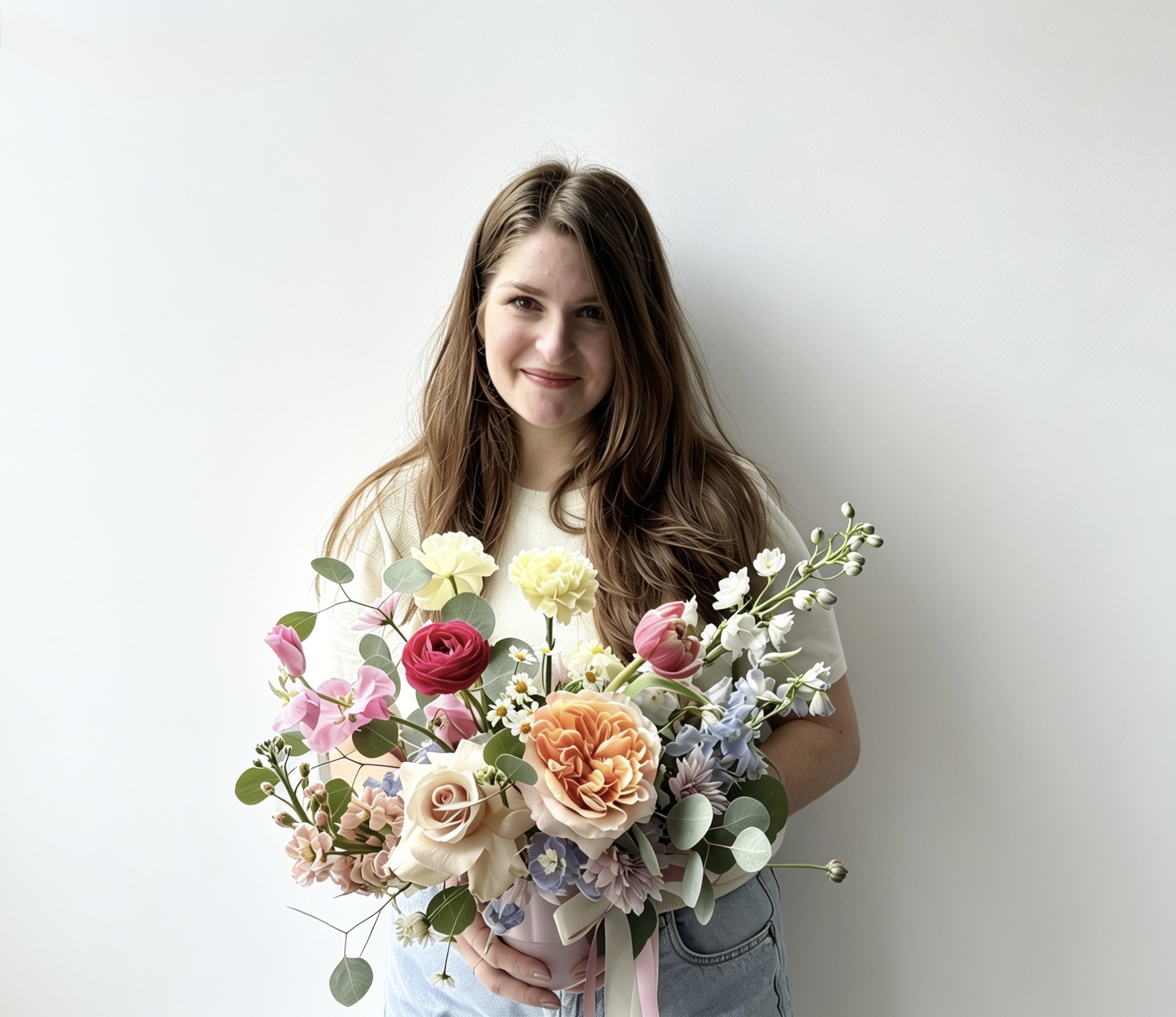 Calgary florist behind Oh Flora holding a soft pastel garden bouquet